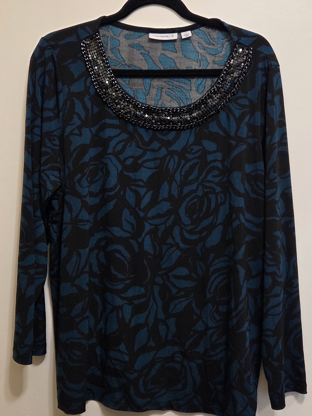 Susan Graver Black and Teal Floral Beaded Chain Scoop Neck Long Sleeve Top XL/1X